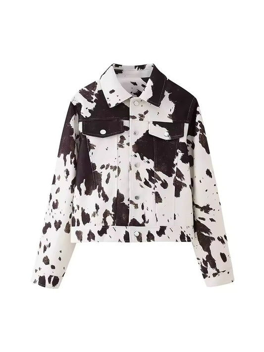 Casual Cow Print Lapel Jacket Women Long Sleeve Single Breasted Short Length Outerwear 2025 Female Autumn High Street Crop Coat