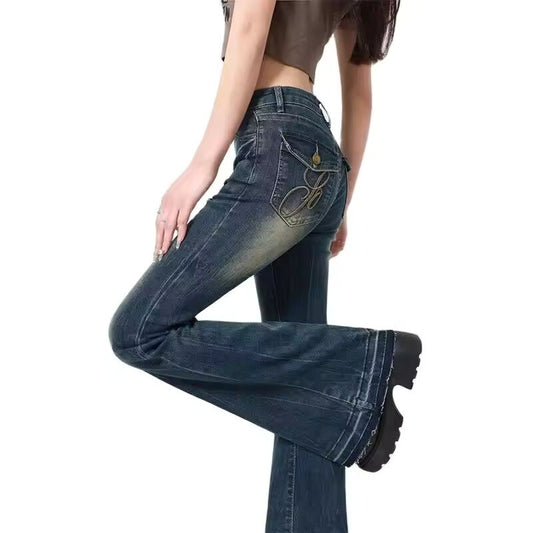 Women's Blue Y2k Flare Jeans Baggy Harajuku Streetwear Aesthetic Denim Trousers Jean Pants Oversize Vintage 2000s Trashy Clothes