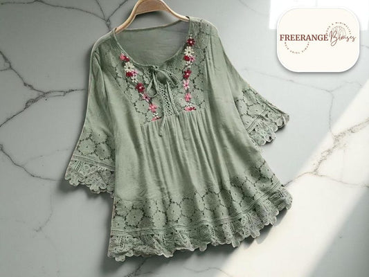 Boho Floral Tunic | Embroidered Lace Top | Loose V-Neck Blouse | Summer Cotton Linen Shirt | Relaxed Fit with Hollow Out Design